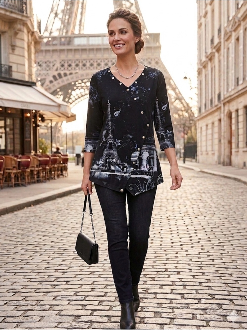Impulse California Black Eiffel Tower Print Asymmetric Top - size  x-large